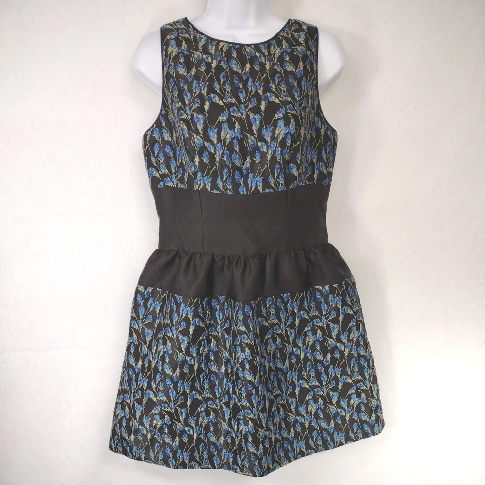 Belle Badgley Mischka Vivian Dress Women's 6 Black Blue Floral Brocade Metallic